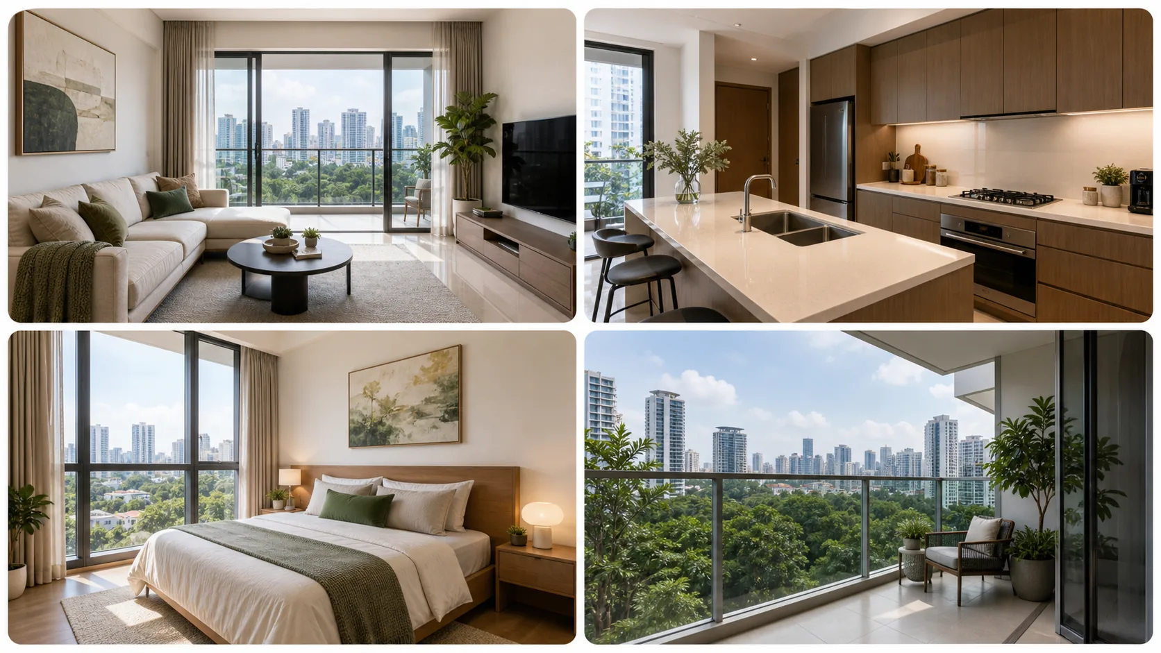 Four listing photos ready to upload: living room, kitchen, bedroom, and balcony